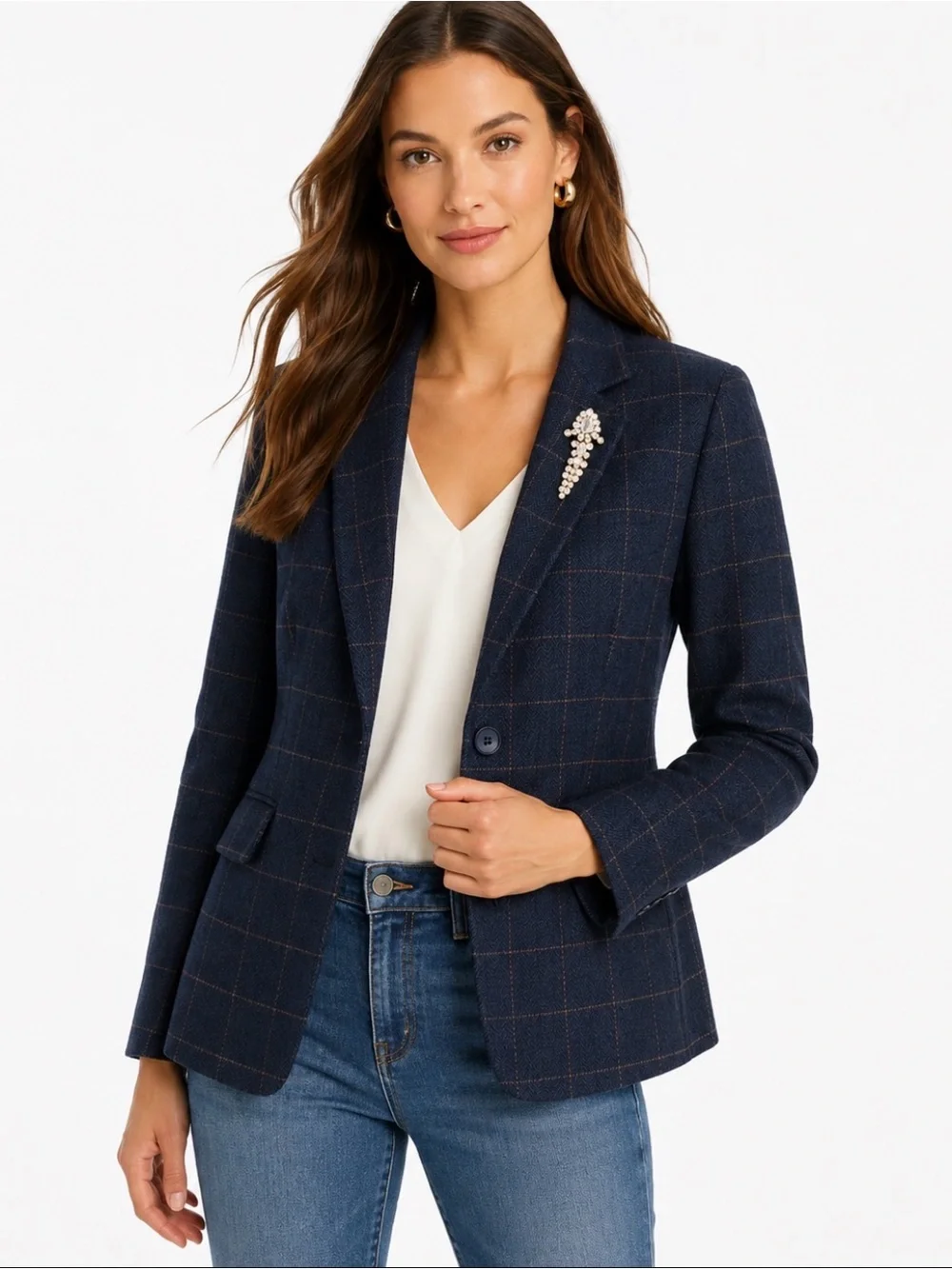 Rachel Zoe Navy Herringbone Windowpane Plaid Blazer Brooch M